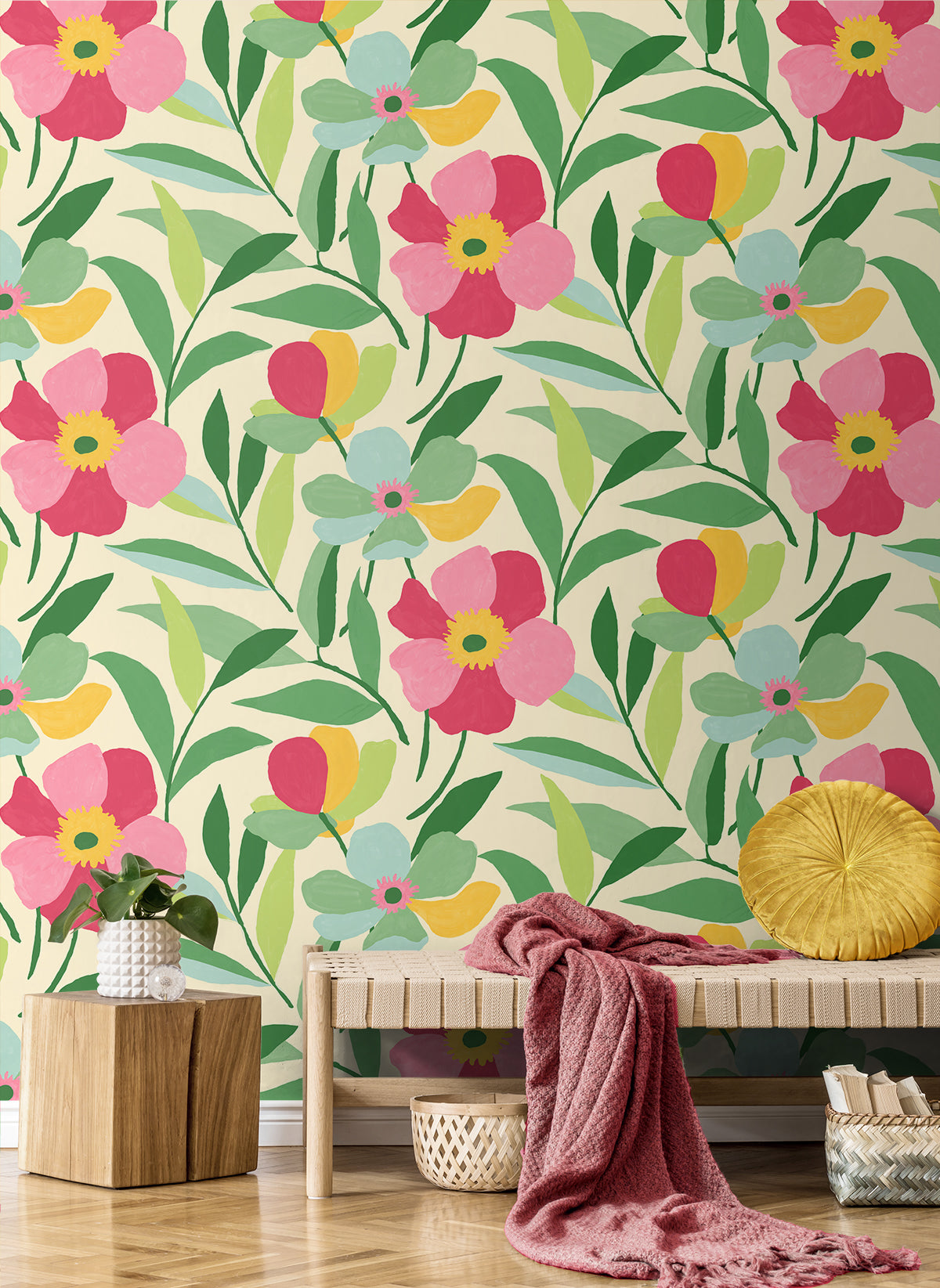 Garden Block Floral Vinyl Wallpaper