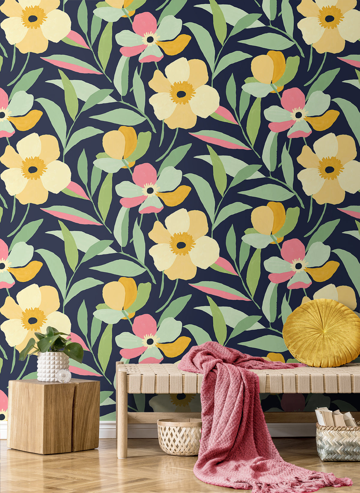 Garden Block Floral Vinyl Wallpaper