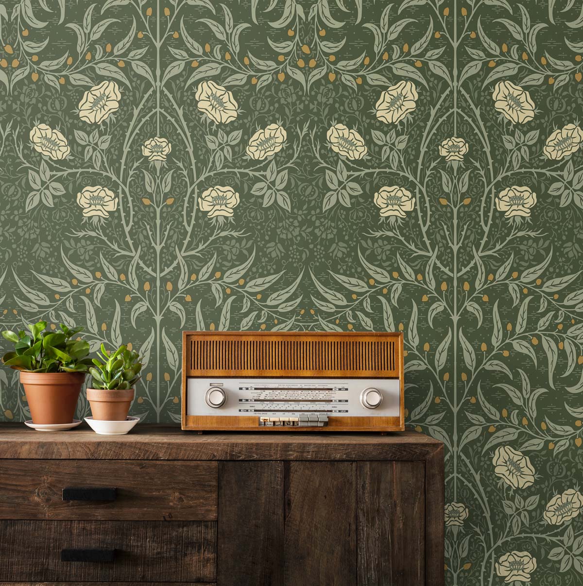 Stenciled Floral Vinyl Wallpaper