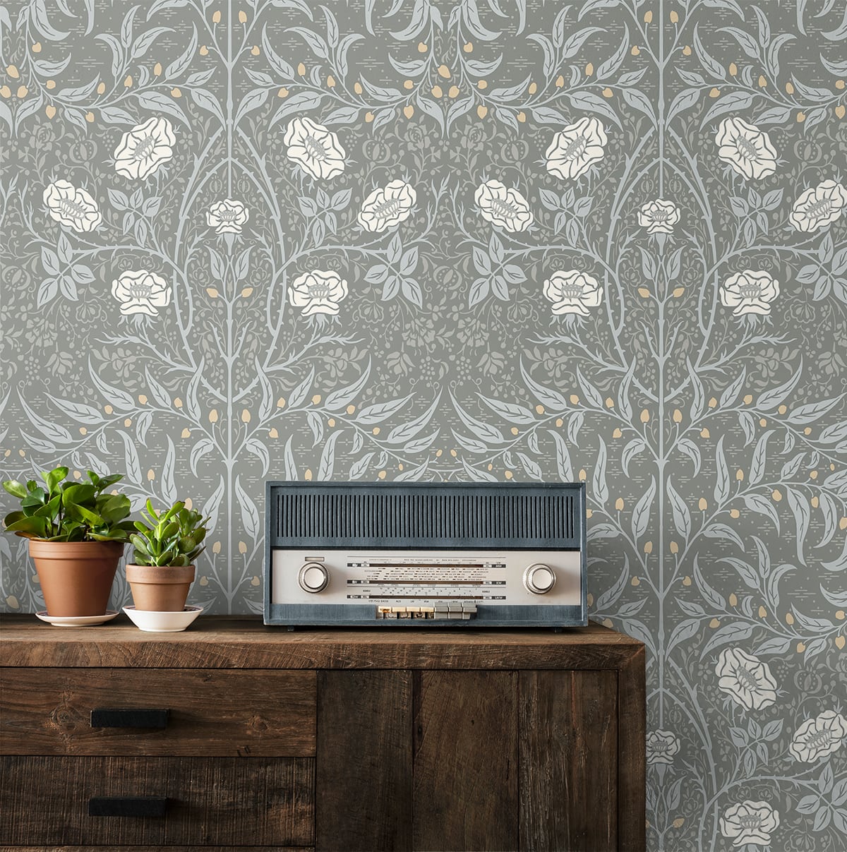 Stenciled Floral Vinyl Wallpaper