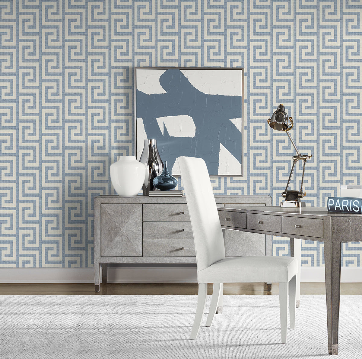 Gagny, Luna Retreat Greek Key, 27 in. x 27 ft. = 60.75 sq. ft, Wallpaper Roll